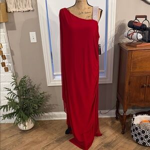 🆕 R&M Richards Red One-Shoulder Dress with Rhinestone Detail